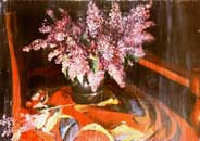 oil painting of the flowers in the vase standing on the red chair